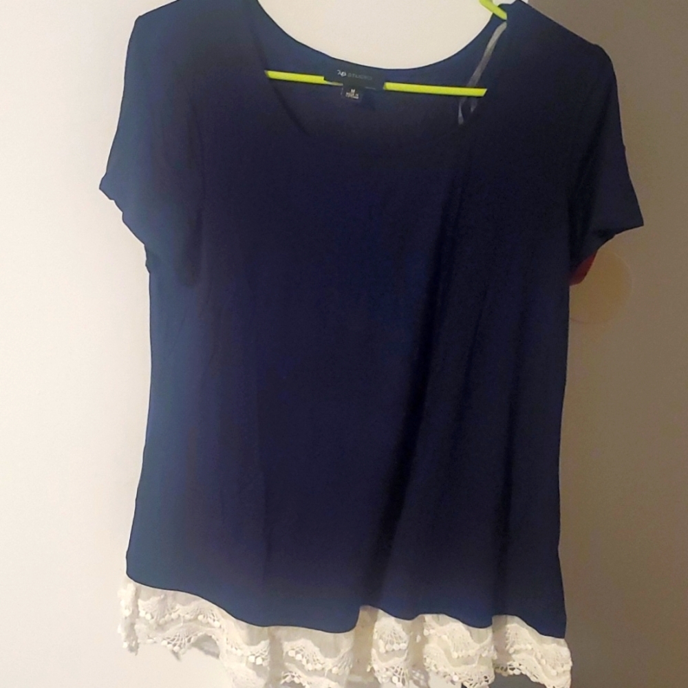 Avenue Navy Short Sleeve Lace-Hem Blouse